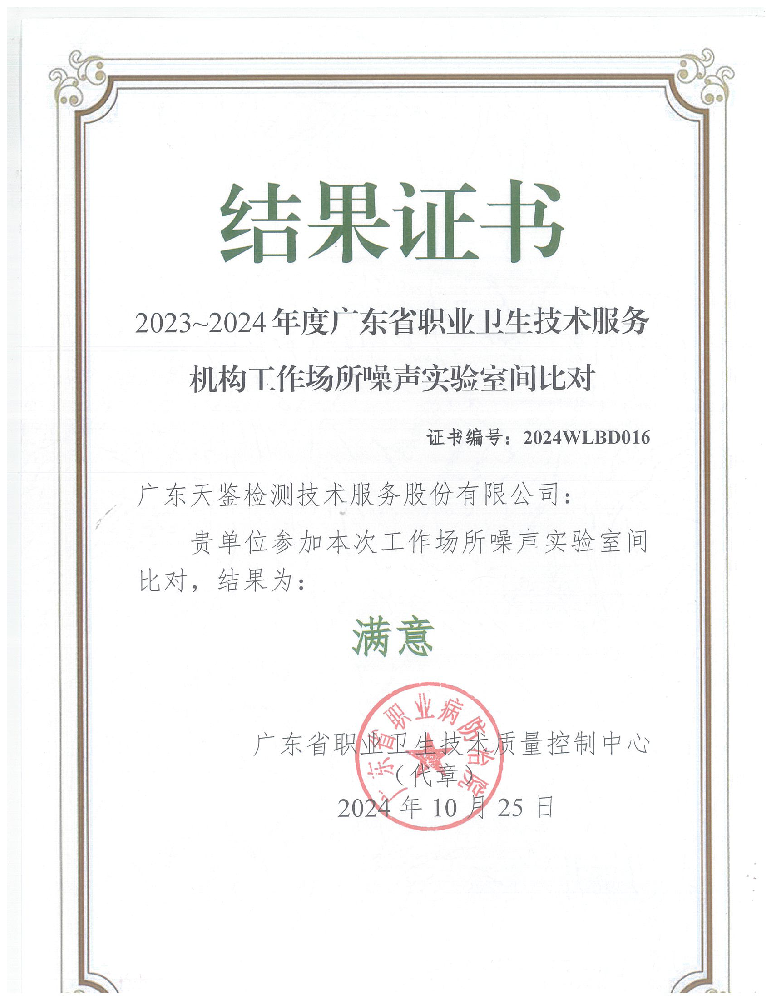 我司参加广东省职业卫生技术质量控制中心组织的能力验证项目，结果为“满意”