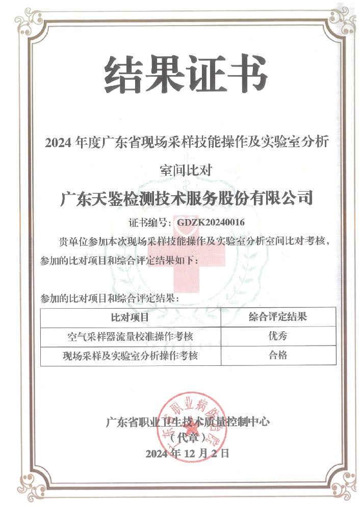 职业卫生领域  2024年度广东省现场采样技能操作及实验室分析室间比对考核结果证书 （优秀和合格）.png